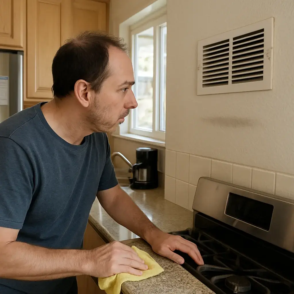 Homeowner noticing dust streaks near kitchen HVAC vent in Sunnyvale home
