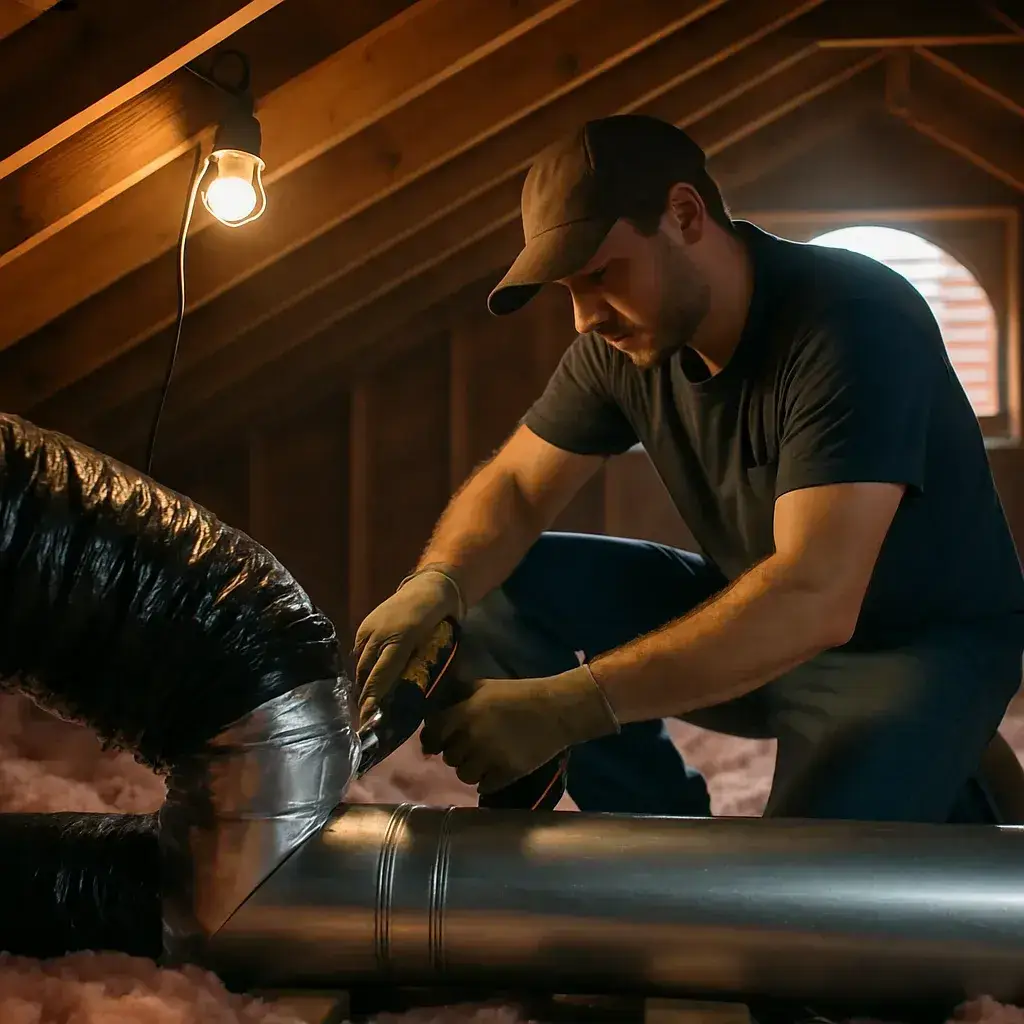 Technician installing new ductwork in a Sunnyvale home attic during HVAC vent installation