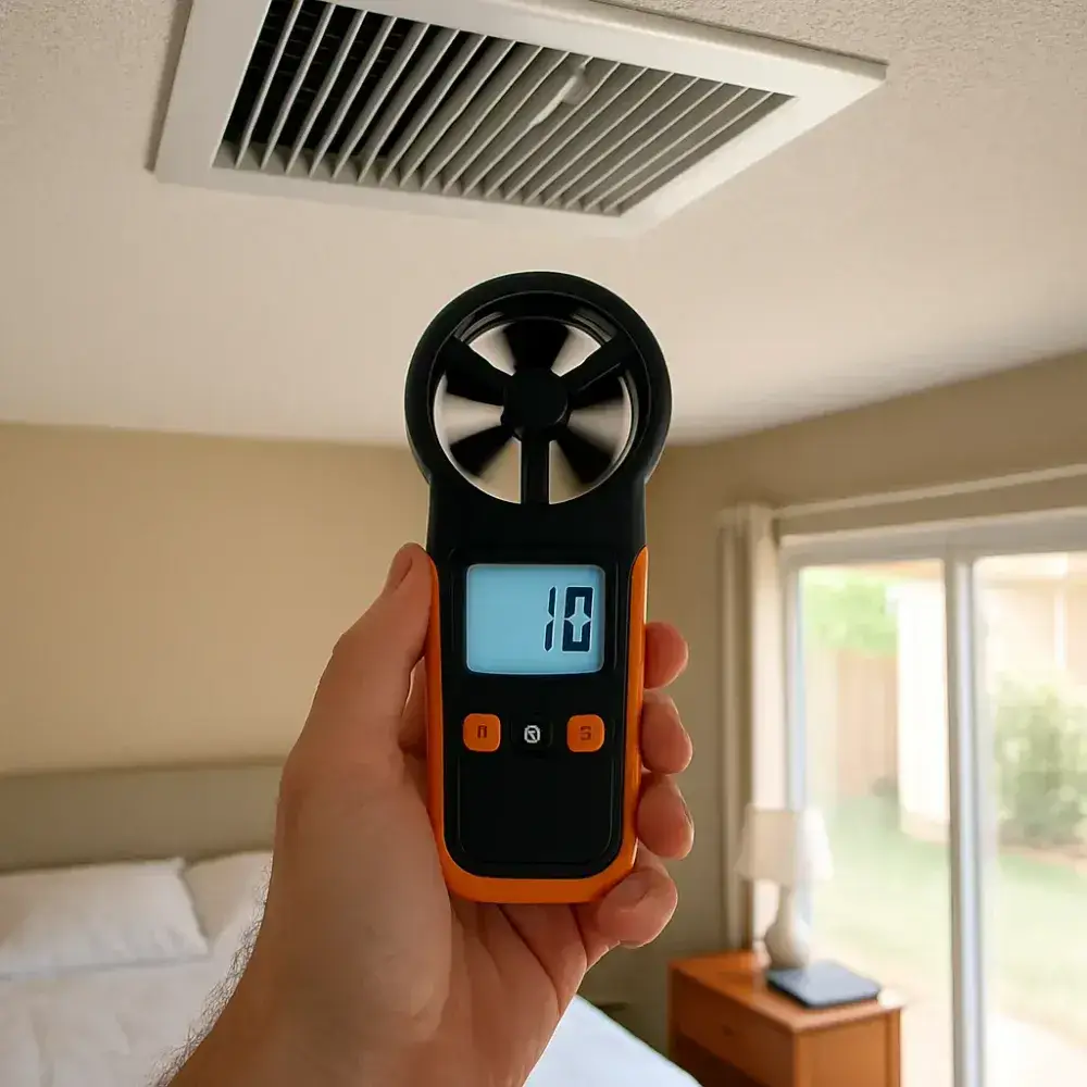 airflow-testing-vent-bedroom-sunnyvale Airflow testing device measuring vent output after HVAC installation in Sunnyvale bedroom