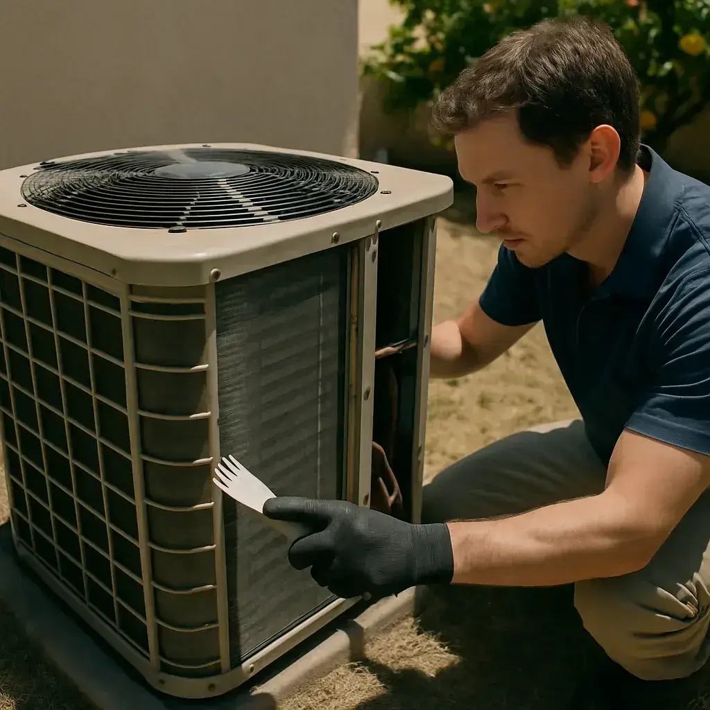 Technician repairs condenser fins during HVAC maintenance tune-up at Sunnyvale home