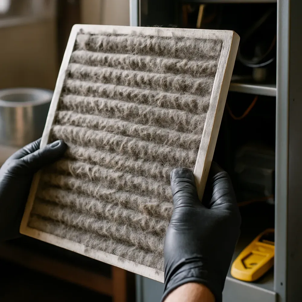 hvac-tune-up-dirty-air-filter-inspection-sunnyvale Close-up of clogged furnace filter during HVAC tune-up inspection in Sunnyvale