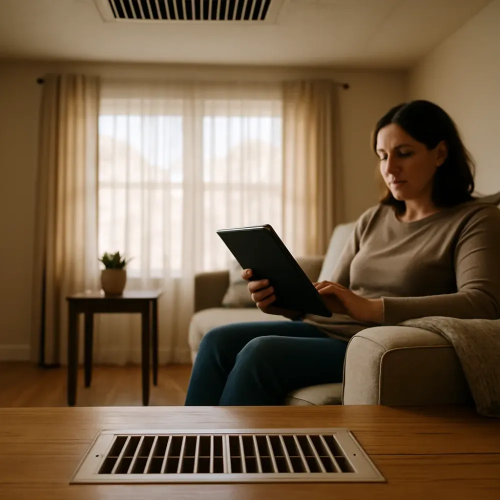 hvac-tune-up-homeowner-living-room-vent-sunnyvale Homeowner near living room vent before scheduling HVAC tune-up in Sunnyvale