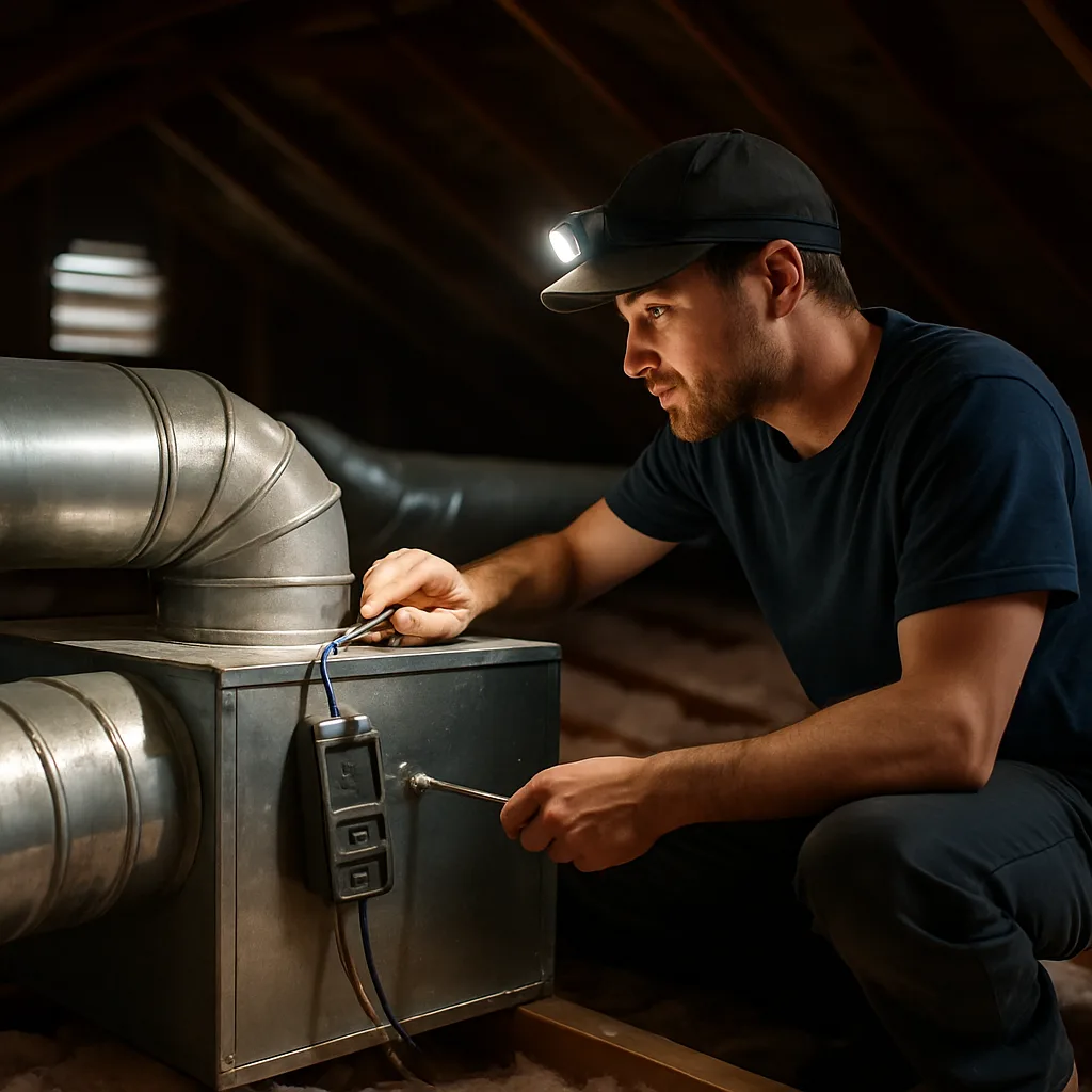 Technician adjusting duct damper during HVAC system balancing in Sunnyvale attic