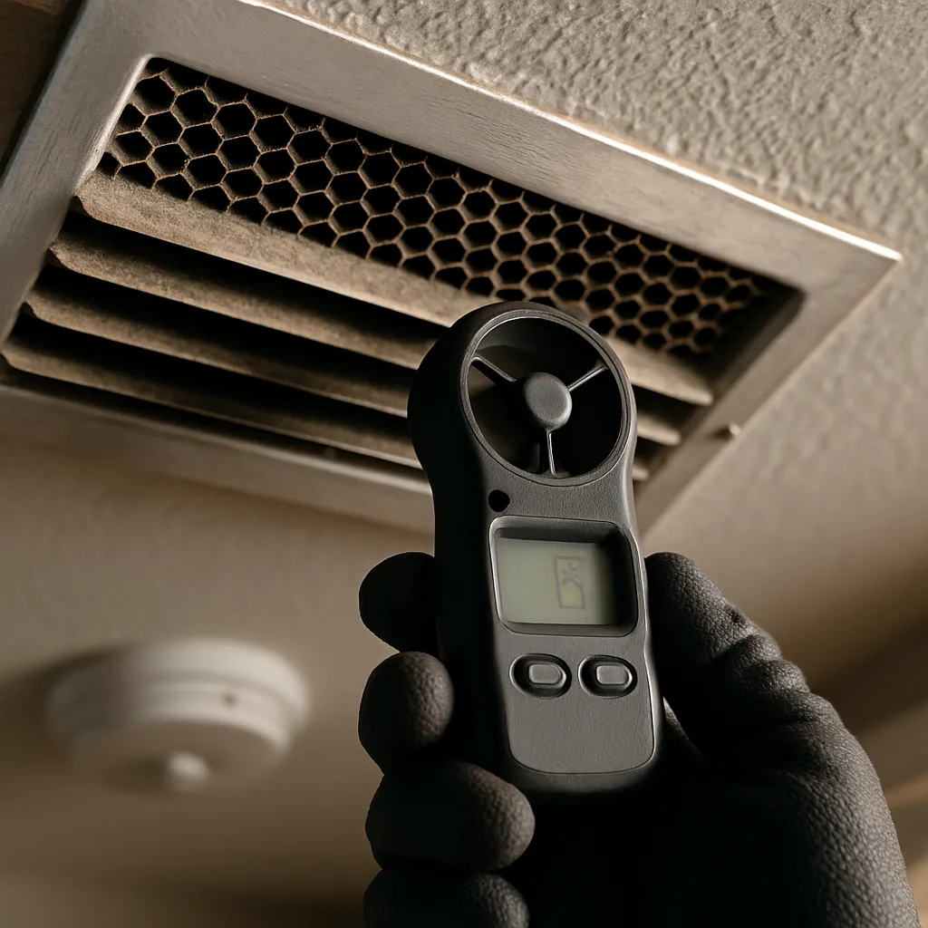 hvac-balancing-airflow-measurement-ceiling-register-sunnyvale Anemometer measuring airflow at ceiling register during Sunnyvale HVAC balancing visit