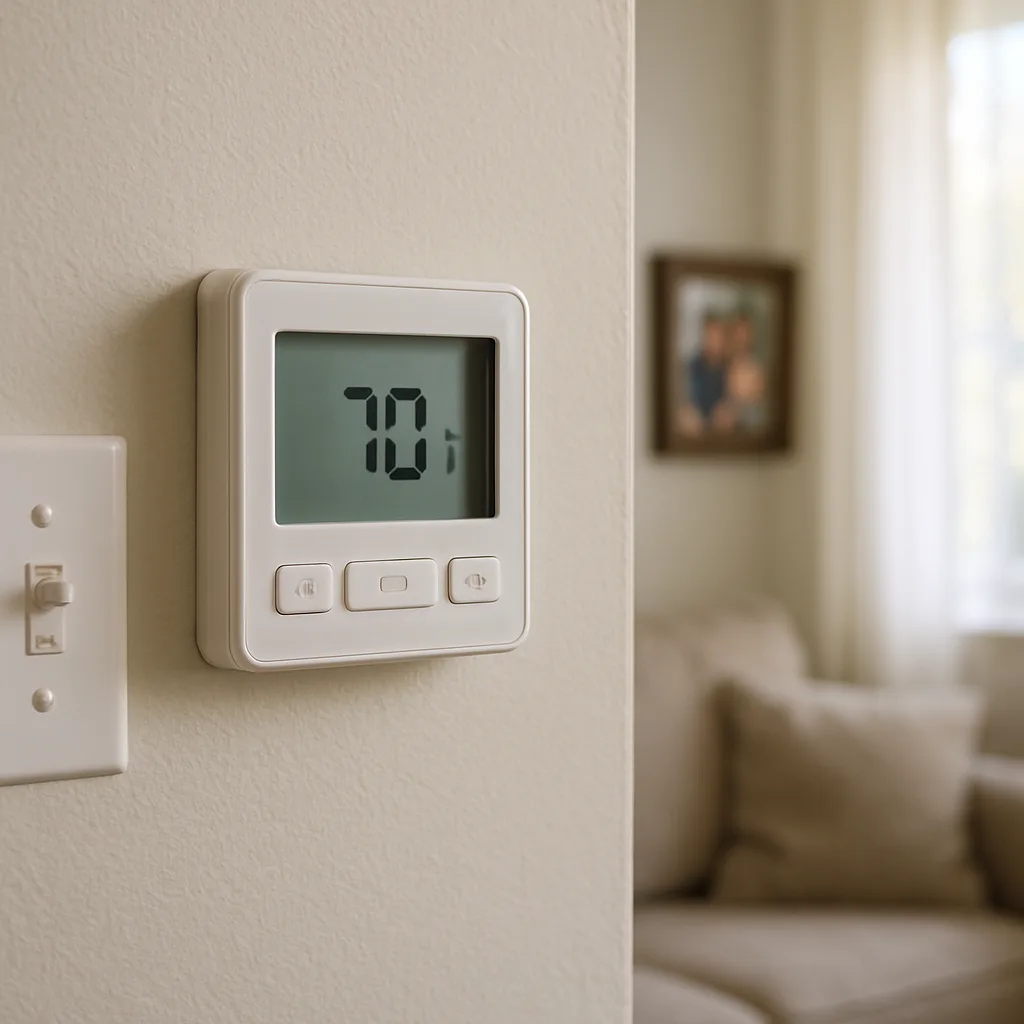 hvac-balancing-result-thermostat-consistent-temperature-sunnyvale Wall thermostat showing consistent reading after HVAC balancing service in Sunnyvale home
