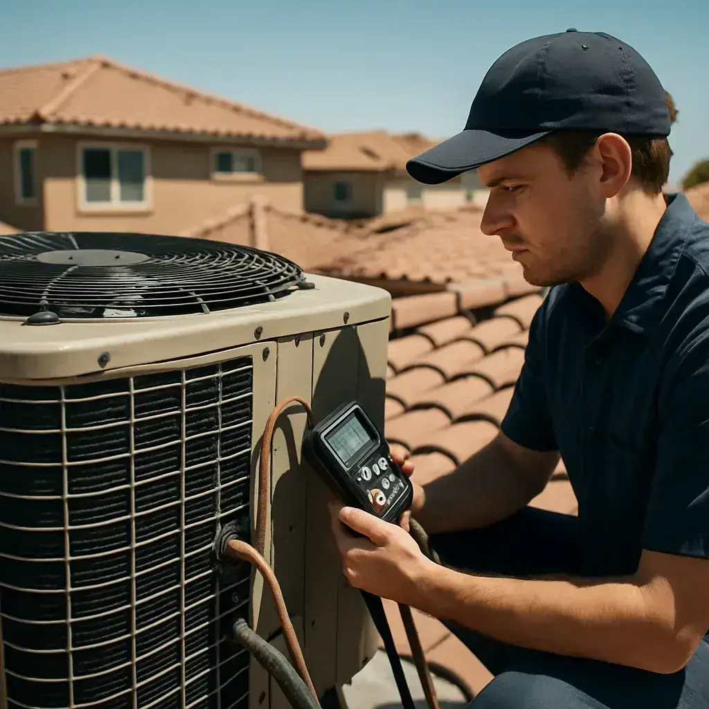 Technician inspecting rooftop HVAC condenser unit during Sunnyvale system inspection