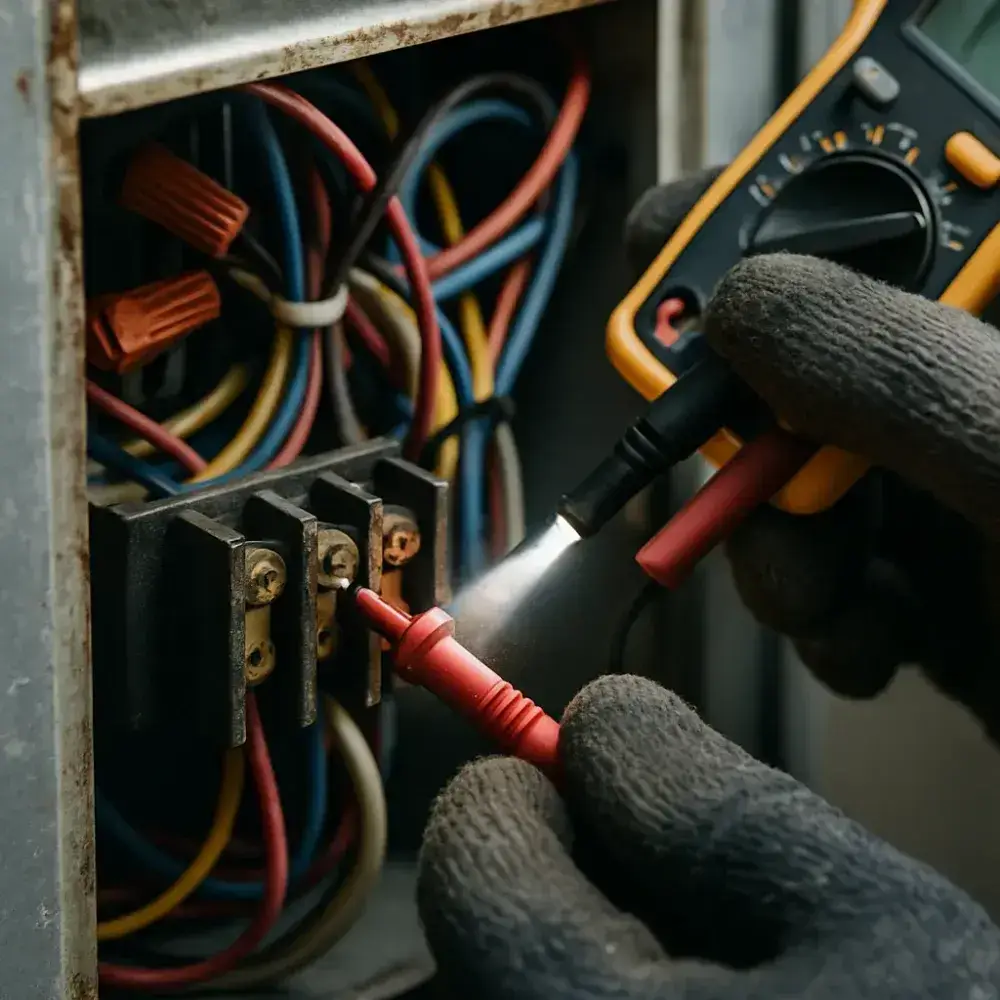 hvac-inspection-electrical-terminal-multimeter-sunnyvale Technician testing HVAC electrical terminals with multimeter during inspection in Sunnyvale