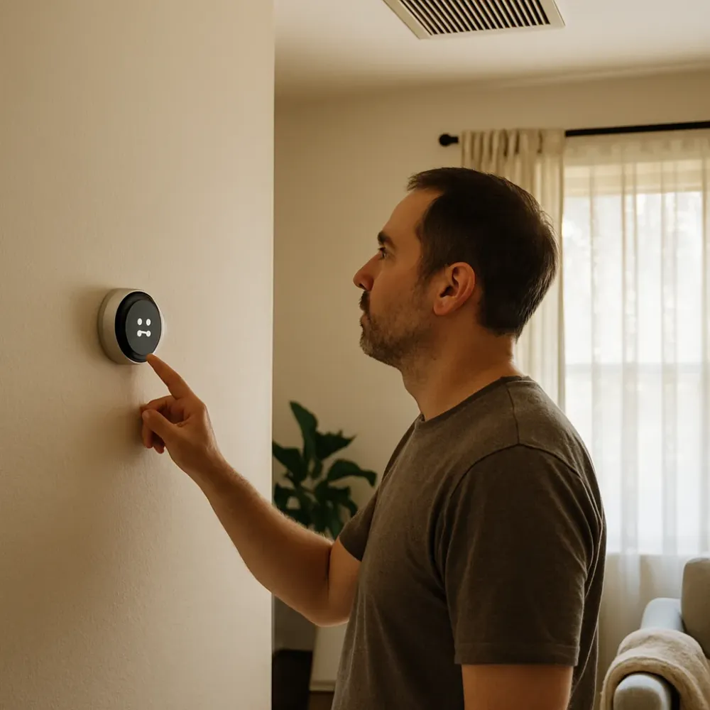 hvac-system-signs-thermostat-check-sunnyvale-home Homeowner checking thermostat and vent airflow in Sunnyvale living room