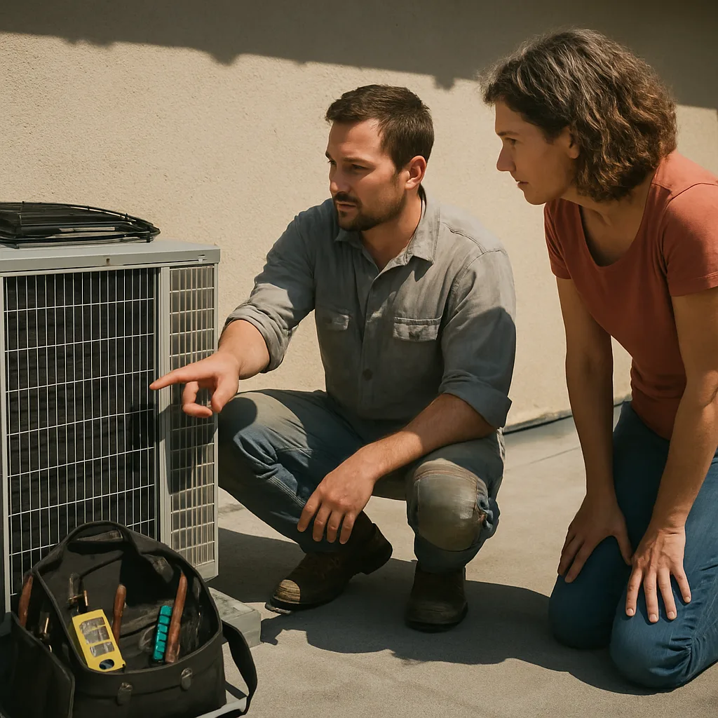 HVAC technician explains condenser unit maintenance to homeowner in Sunnyvale backyard
