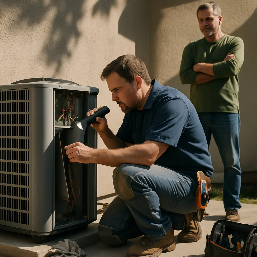 HVAC technician inspects outdoor condenser unit during maintenance visit in Sunnyvale