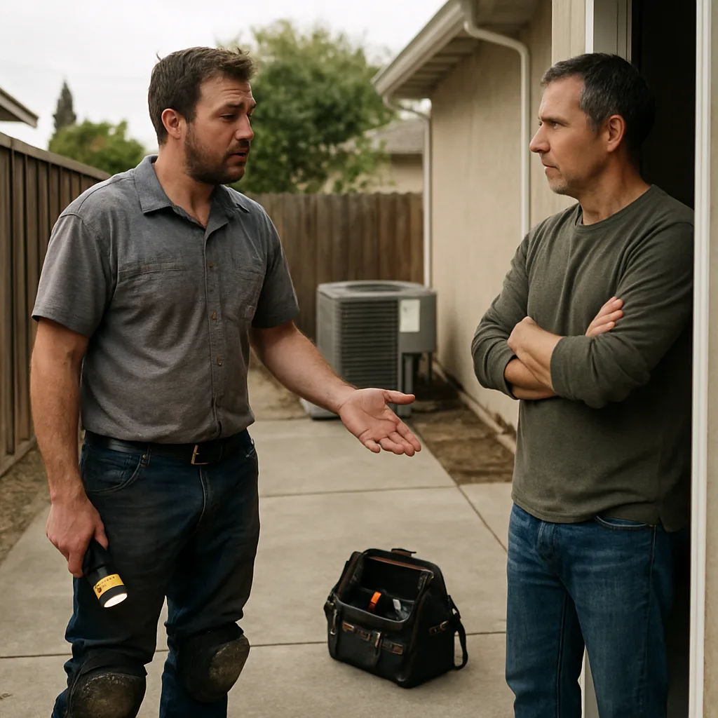 HVAC technician explains to homeowner why system maintenance isn't the right fit