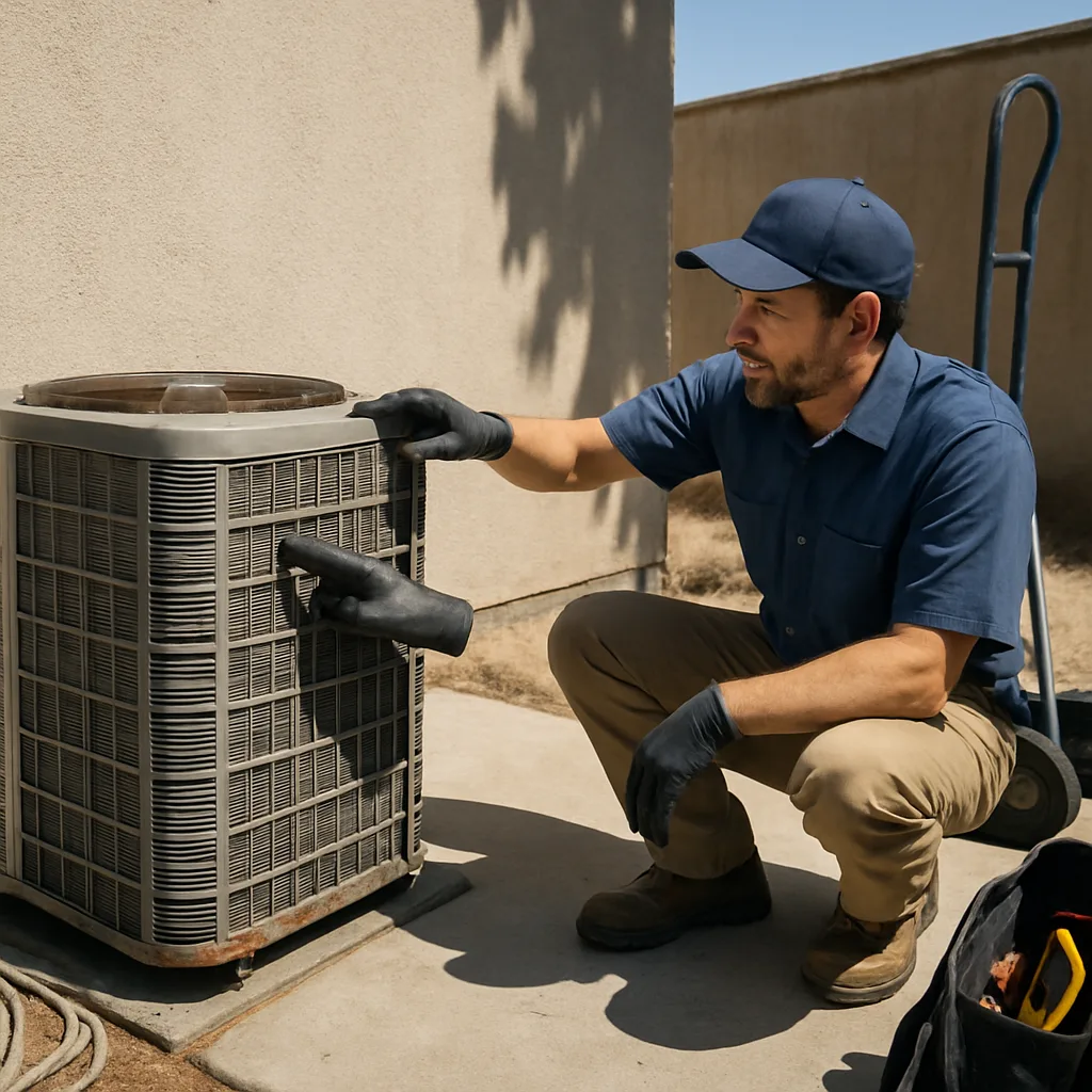 HVAC technician compares old and new condenser units during Sunnyvale system maintenance visit