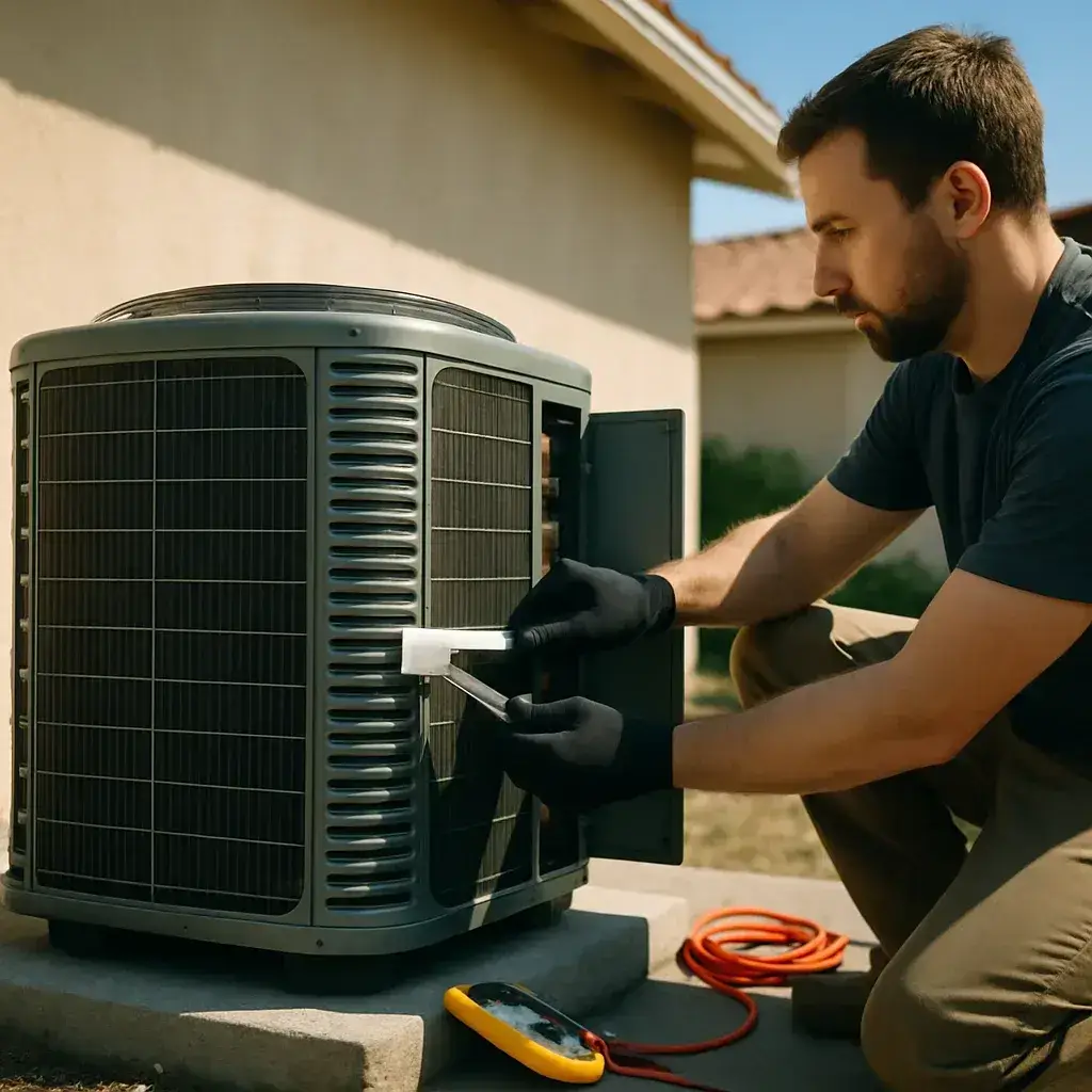 Technician straightens condenser fins during HVAC system maintenance visit in Sunnyvale