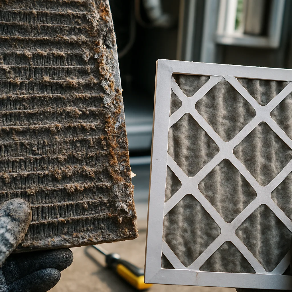 hvac-maintenance-dirty-coil-clogged-filter-cost-factor Dirty HVAC coil and clogged filter shown as cost factors in Sunnyvale system maintenance