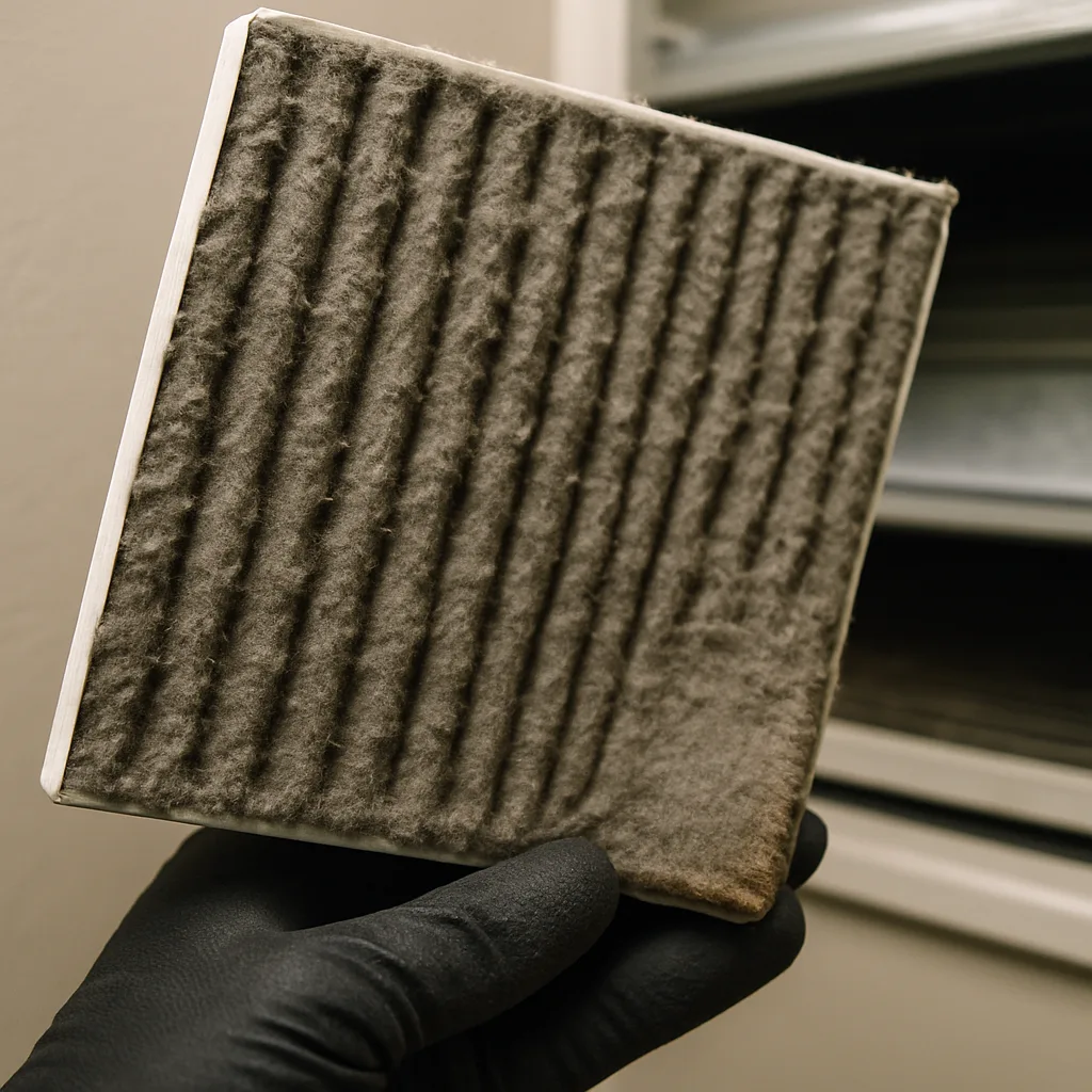 hvac-maintenance-dirty-clogged-air-filter-closeup Dirty clogged air filter removed during HVAC maintenance inspection in Sunnyvale