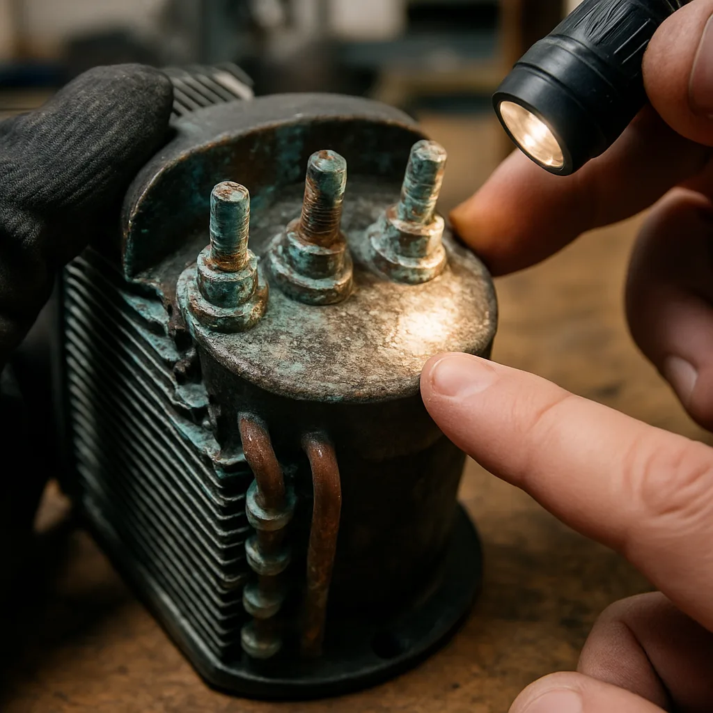 hvac-system-maintenance-corroded-compressor-component-detail Corroded HVAC compressor component examined under flashlight during Sunnyvale repair evaluation