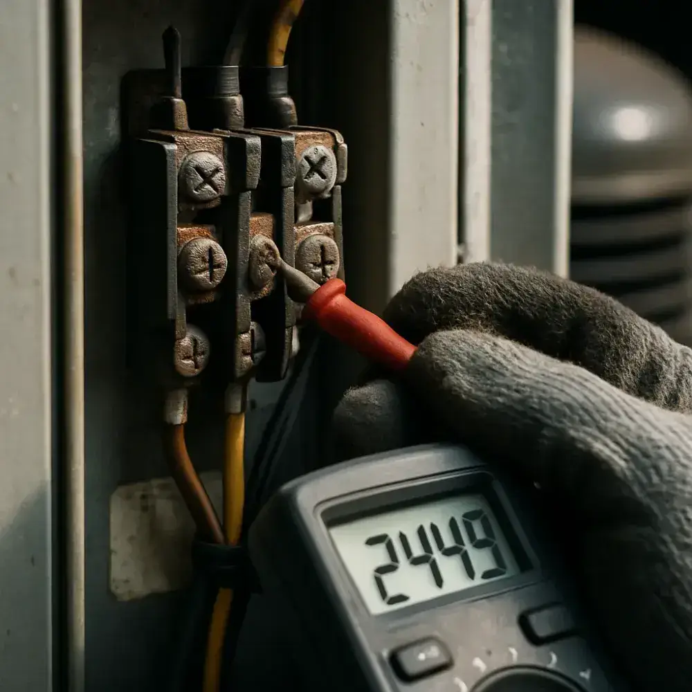 hvac-maintenance-electrical-terminal-test-sunnyvale Multimeter testing electrical terminals inside HVAC unit during Sunnyvale maintenance service