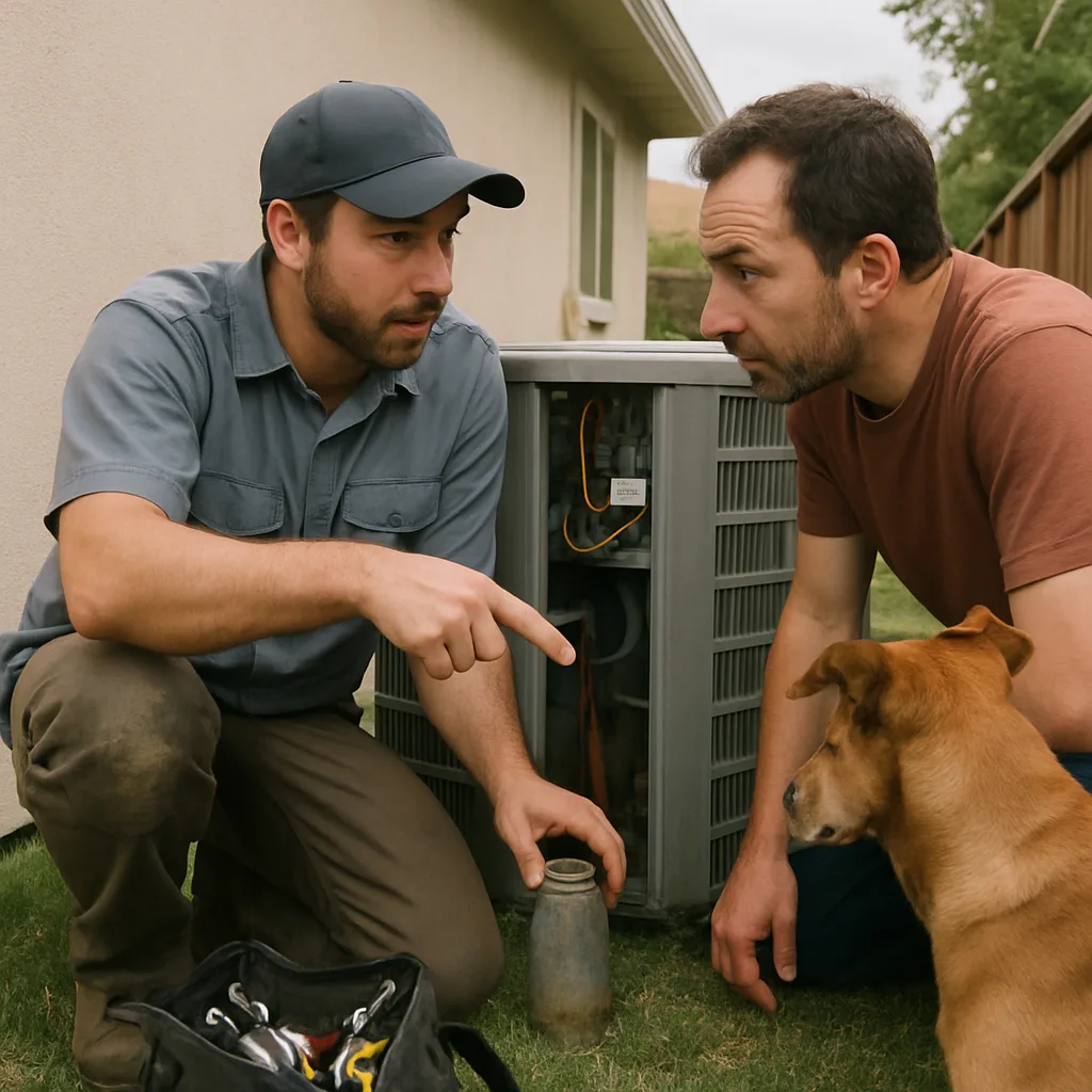 HVAC technician explaining condenser repair cost to homeowner in Sunnyvale yard