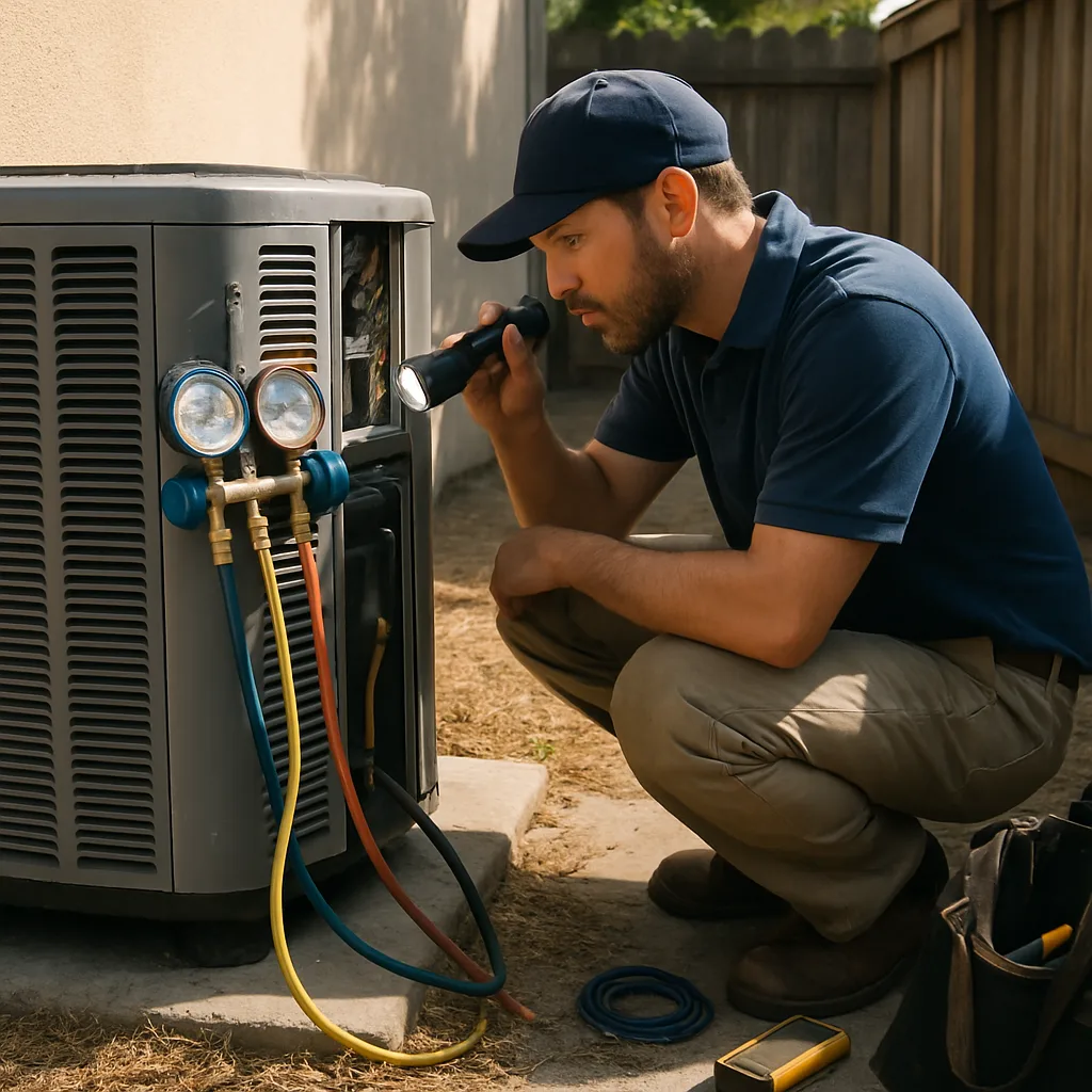 HVAC technician inspects outdoor condenser electrical panel during Sunnyvale repair call