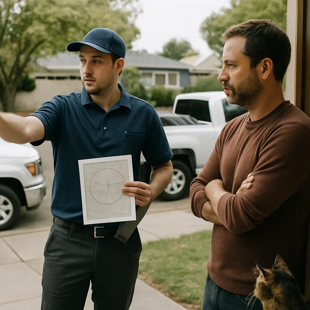 HVAC technician explains service area limits to homeowner during repair visit