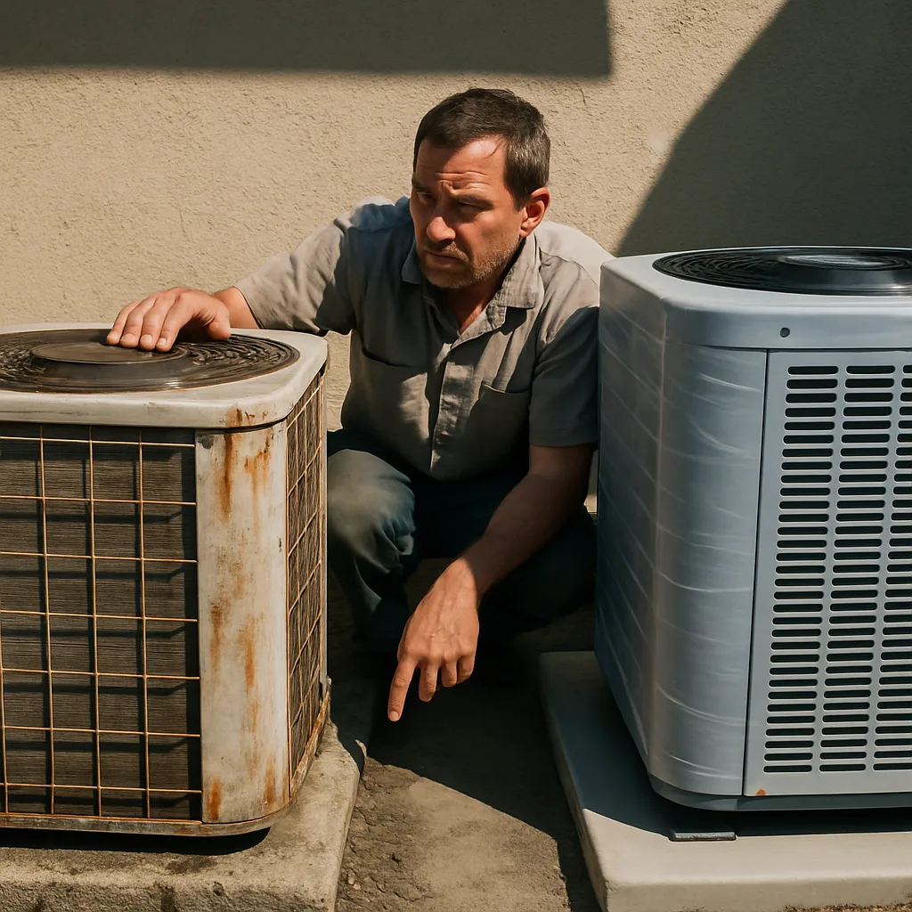 Technician comparing old and new HVAC condenser units during repair assessment in Sunnyvale