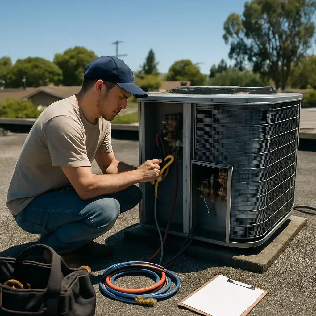 Technician repairing rooftop HVAC condenser unit during Sunnyvale system repair visit