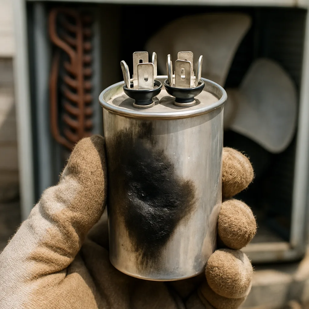 hvac-repair-burnt-capacitor-cost-driver-closeup Burnt HVAC capacitor held in gloved hand showing common repair part failure