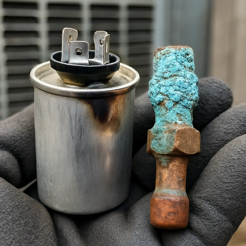 hvac-repair-failed-capacitor-corroded-refrigerant-fitting Corroded refrigerant fitting and swollen capacitor from an HVAC repair in Sunnyvale