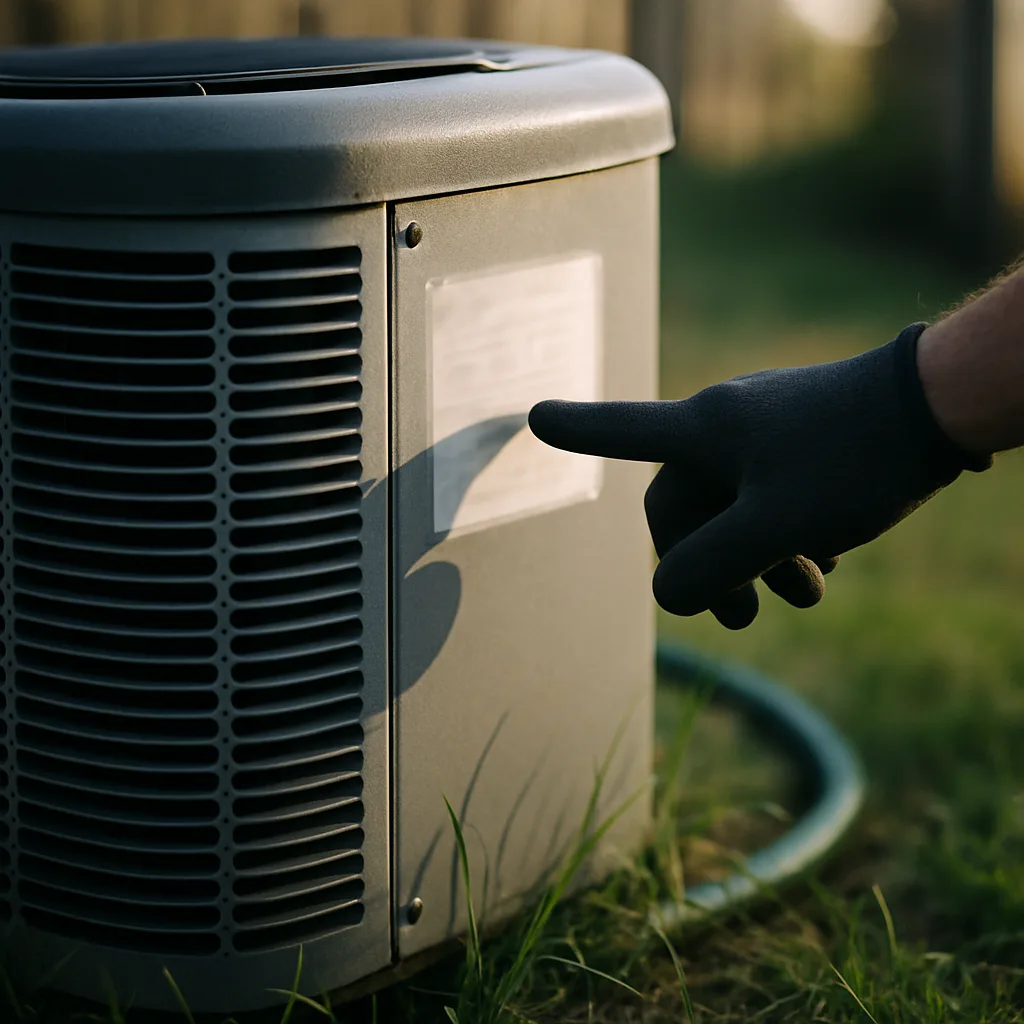 hvac-repair-outside-purchased-equipment-inspection-closeup Technician inspects outdoor HVAC condenser unit purchased elsewhere before repair