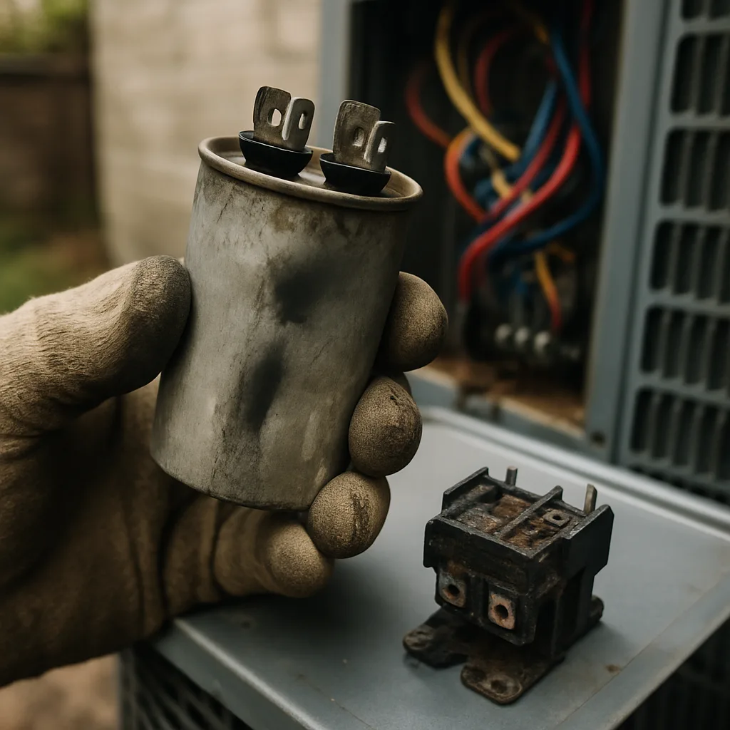 hvac-repair-failed-capacitor-single-part-failure Close-up of a burned-out HVAC capacitor pulled during repair diagnosis in Sunnyvale home