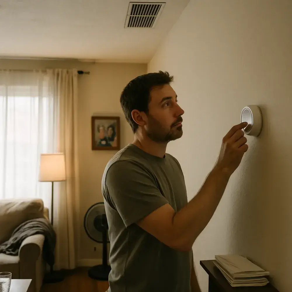 hvac-repair-homeowner-thermostat-sunnyvale Homeowner adjusting thermostat at home after Sunnyvale HVAC system repair service