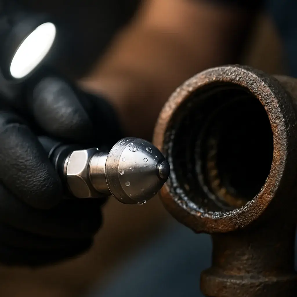 hydro-jetting-nozzle-pipe-scale-sunnyvale Close-up of jetting nozzle inserted into corroded drain pipe showing scale buildup
