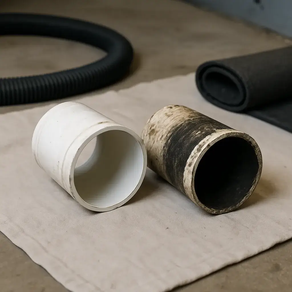 hydro-jetting-pipe-before-after-sunnyvale Cleaned PVC pipe interior compared to residue-coated pipe after hydro jetting service