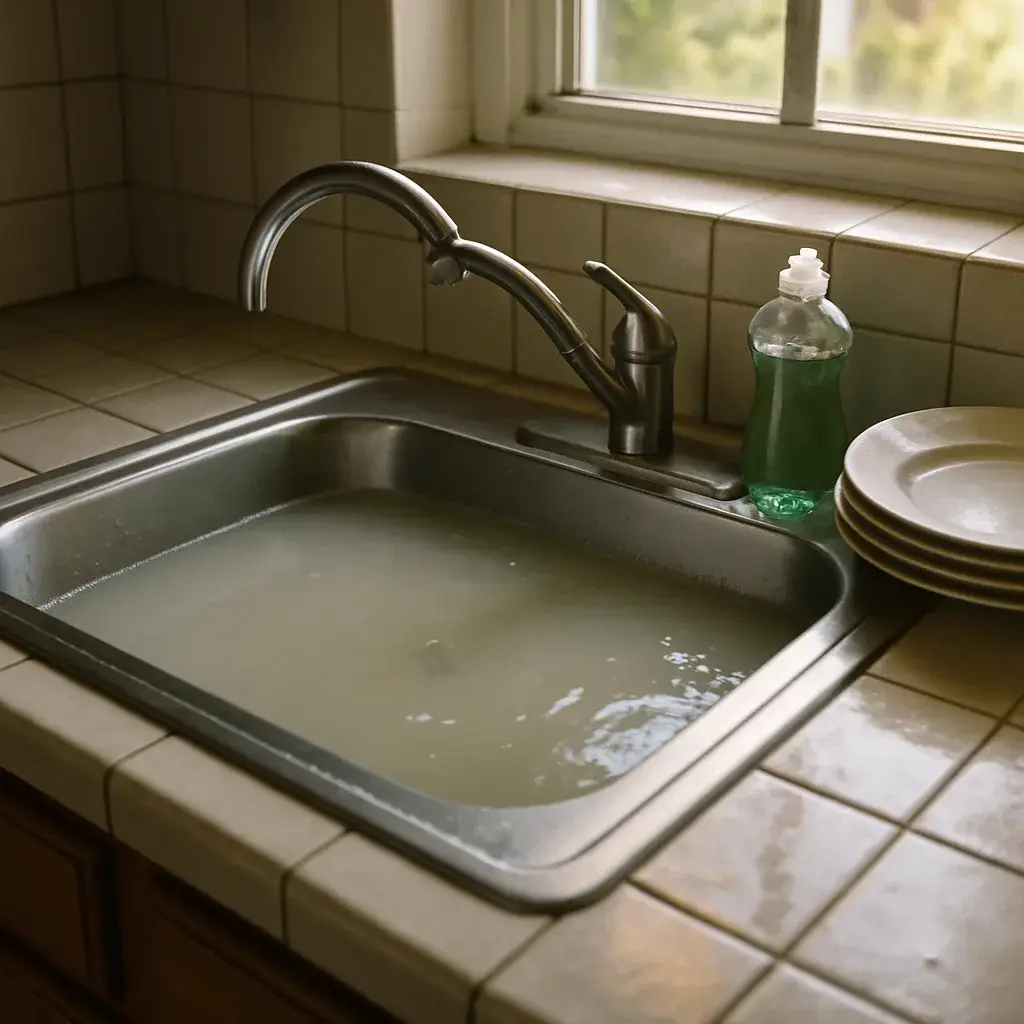 hydro-jetting-slow-drain-kitchen-sunnyvale Kitchen sink filling with cloudy water showing recurring drain clog in Sunnyvale home