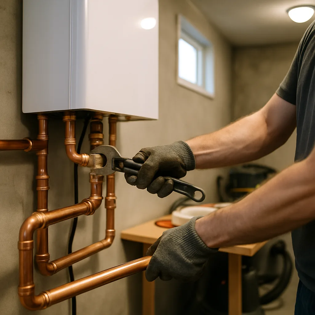 Installer tightening copper piping on a boiler during hydronic heating installation in Sunnyvale