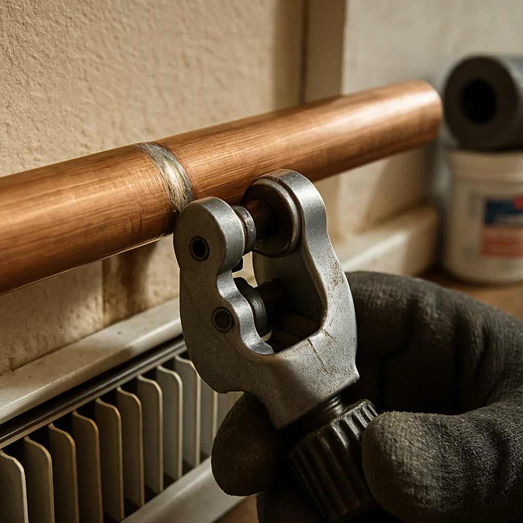 hydronic-heating-installation-copper-pipe-radiator-sunnyvale Close-up of copper pipe cutting near a radiator during hydronic heating installation in Sunnyvale