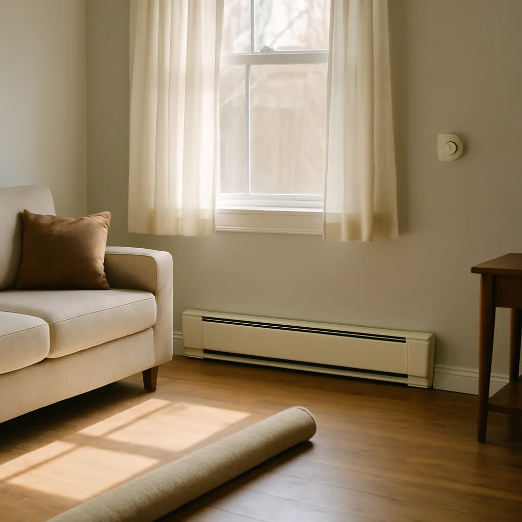 hydronic-heating-installation-finished-radiator-sunnyvale-home Finished baseboard radiator in a Sunnyvale living room after hydronic heating installation