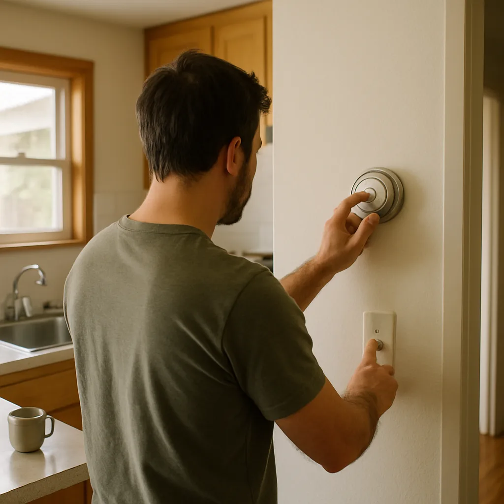 hydronic-heating-installation-homeowner-thermostat-sunnyvale Homeowner adjusting thermostat after hydronic heating installation in a Sunnyvale kitchen