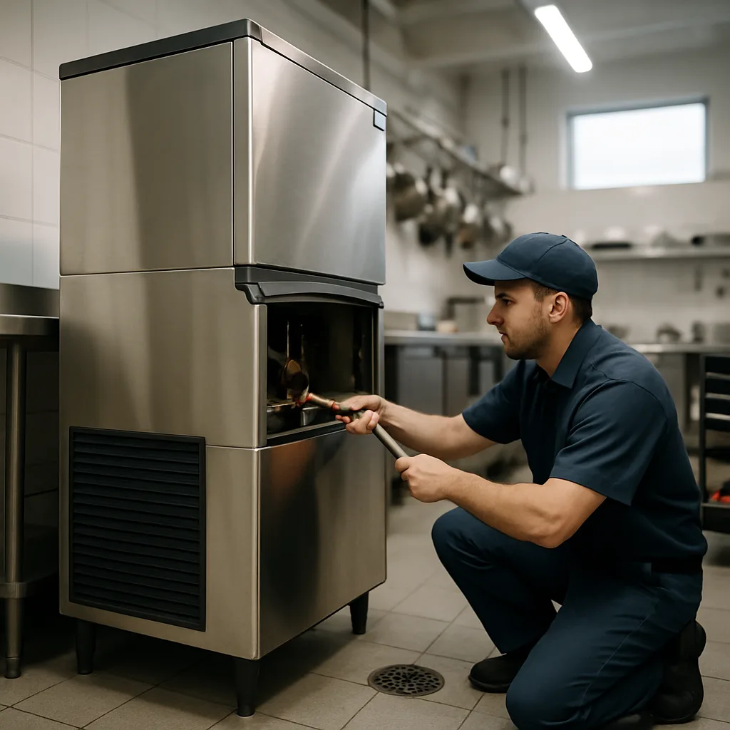 Technician installing commercial ice machine in Sunnyvale restaurant kitchen