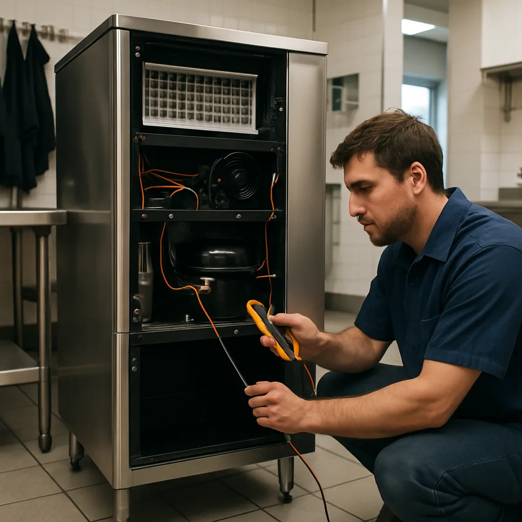 Technician testing commercial ice machine compressor during repair service in Sunnyvale kitchen