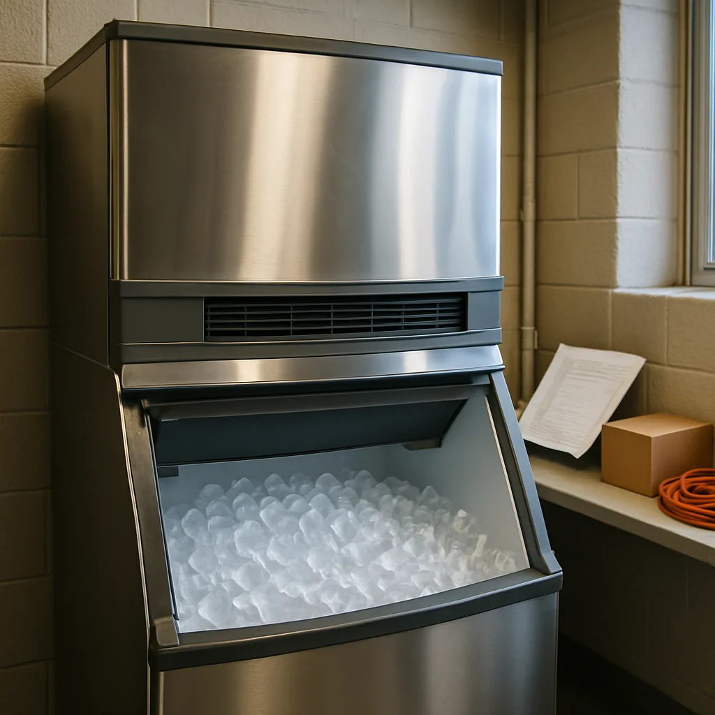 repaired-commercial-ice-machine-clear-ice-result-sunnyvale Repaired commercial ice machine producing clear ice cubes after service in Sunnyvale coffee shop