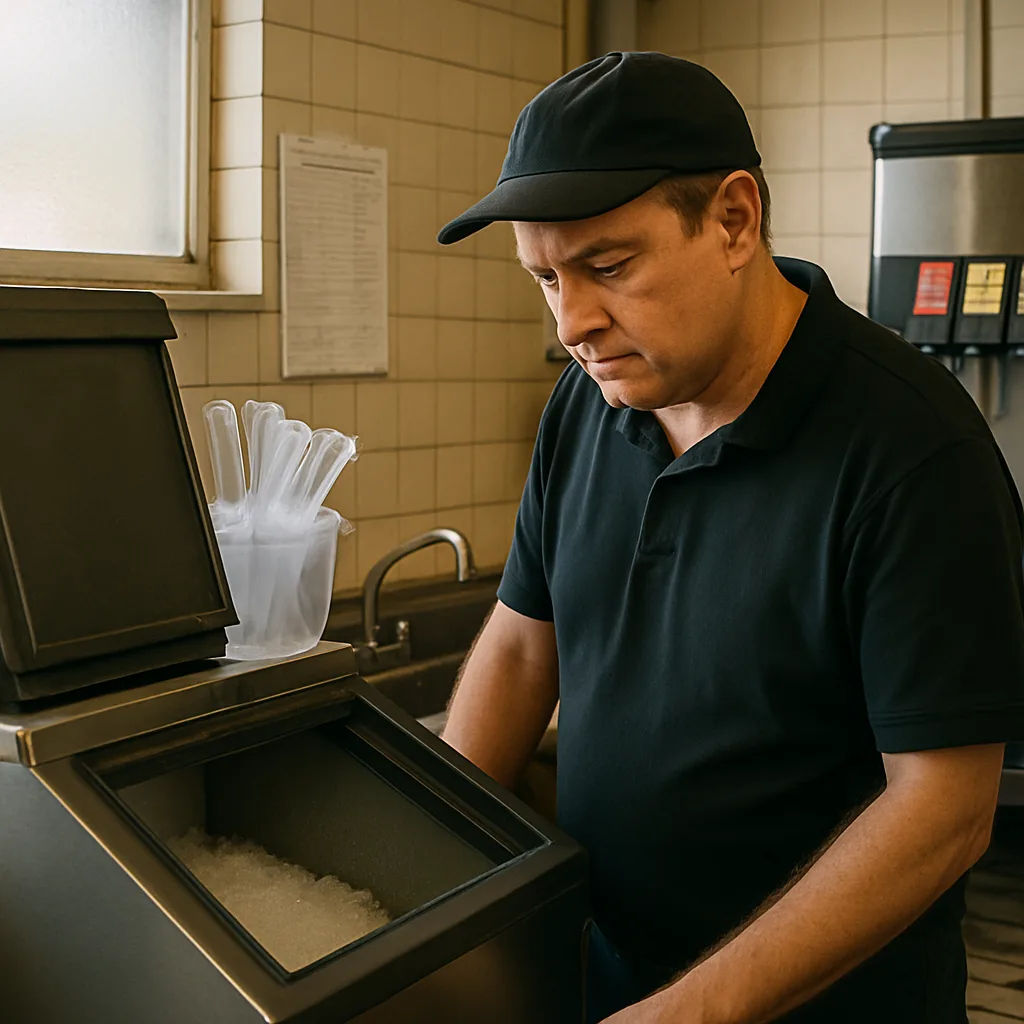 deli-manager-checking-ice-bin-before-repair-call-sunnyvale Deli manager checking ice bin levels before calling for ice machine repair in Sunnyvale