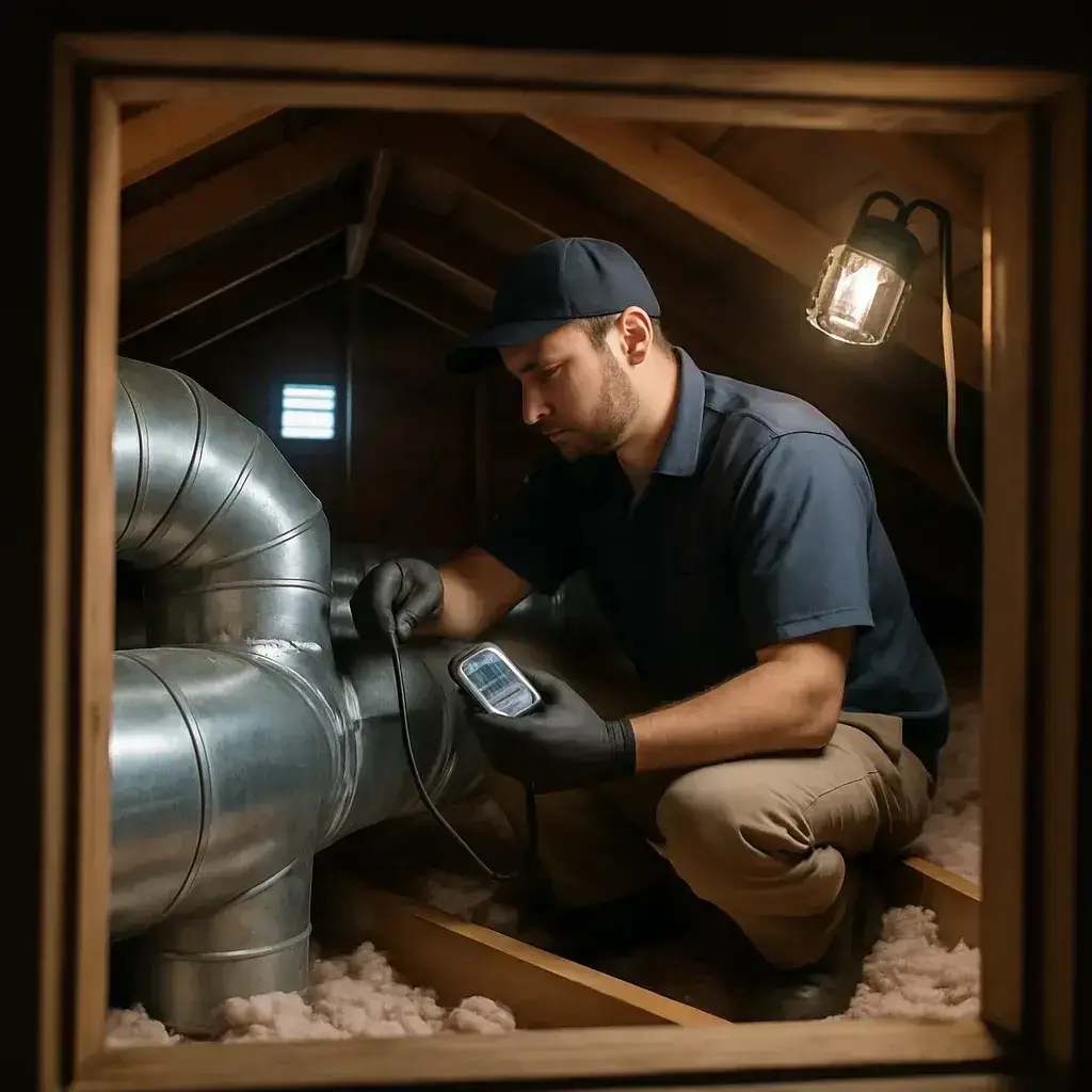 Technician testing airflow in ductwork for indoor air quality solutions Sunnyvale home