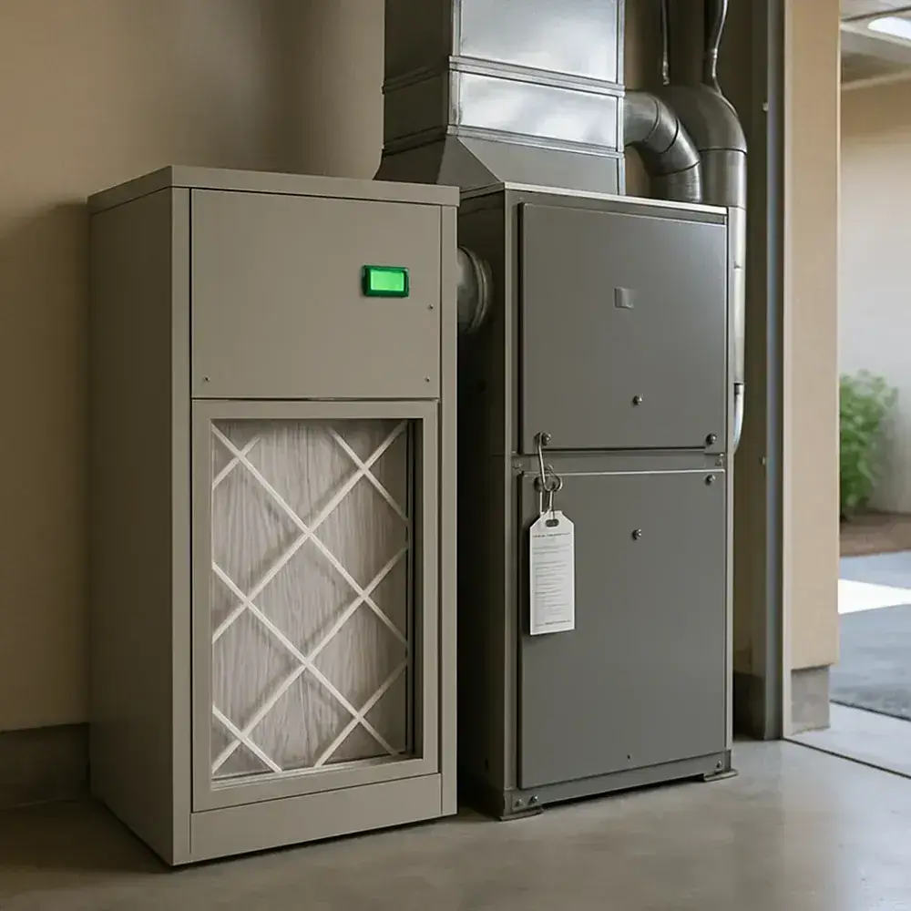 whole-home-air-filtration-system-installed-sunnyvale Installed whole-home air filtration system after testing in Sunnyvale garage