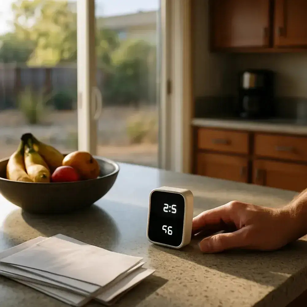 home-air-quality-monitor-kitchen-sunnyvale Homeowner checking air quality monitor in Sunnyvale kitchen for indoor air quality