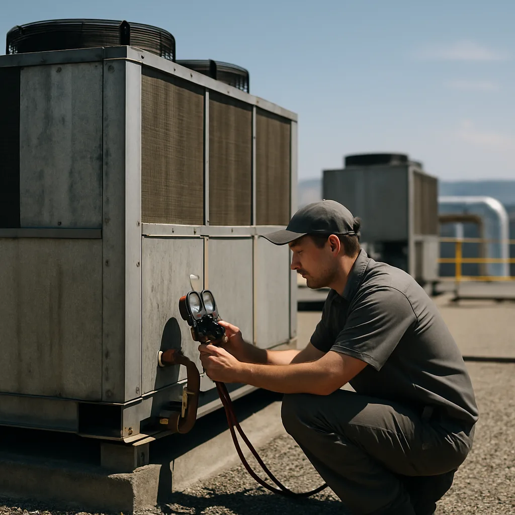 Technician checks refrigerant pressure on industrial rooftop chiller in Sunnyvale