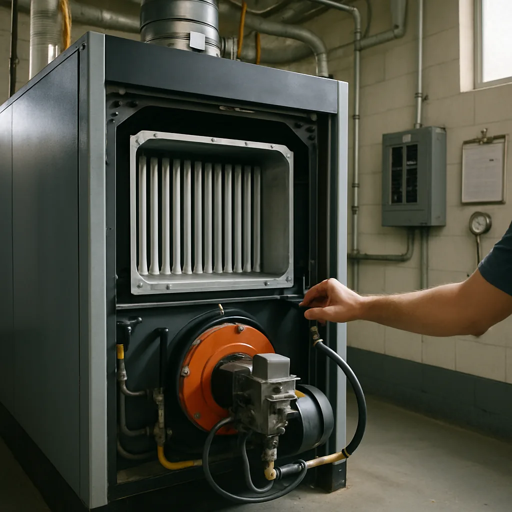 industrial-boiler-maintenance-result-sunnyvale Serviced industrial boiler with clean heat exchanger in Sunnyvale mechanical room