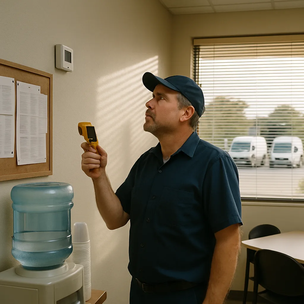 industrial-hvac-warning-sign-facility-manager-sunnyvale Facilities manager checks thermostat reading in Sunnyvale industrial break room