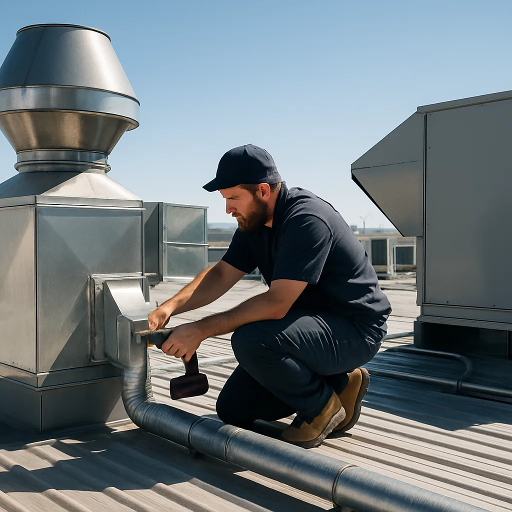 Technician adjusting industrial ventilation exhaust hood ductwork on Sunnyvale rooftop
