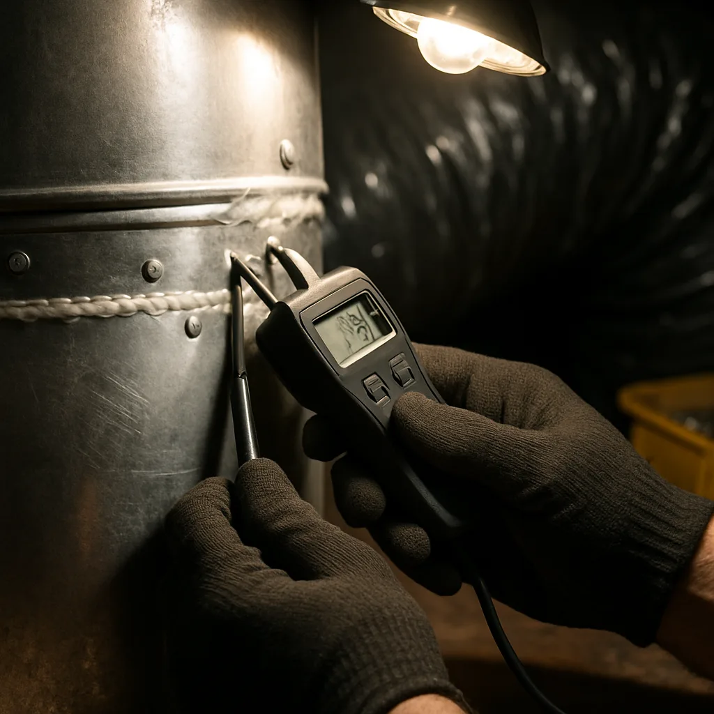 industrial-ventilation-airflow-test-ductwork-sunnyvale Manometer testing airflow at industrial exhaust duct joint in Sunnyvale facility